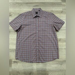 A41 Hugo Boss Blue Brown Plaid Short Sleeve Shirt Button Up Mens Size XL